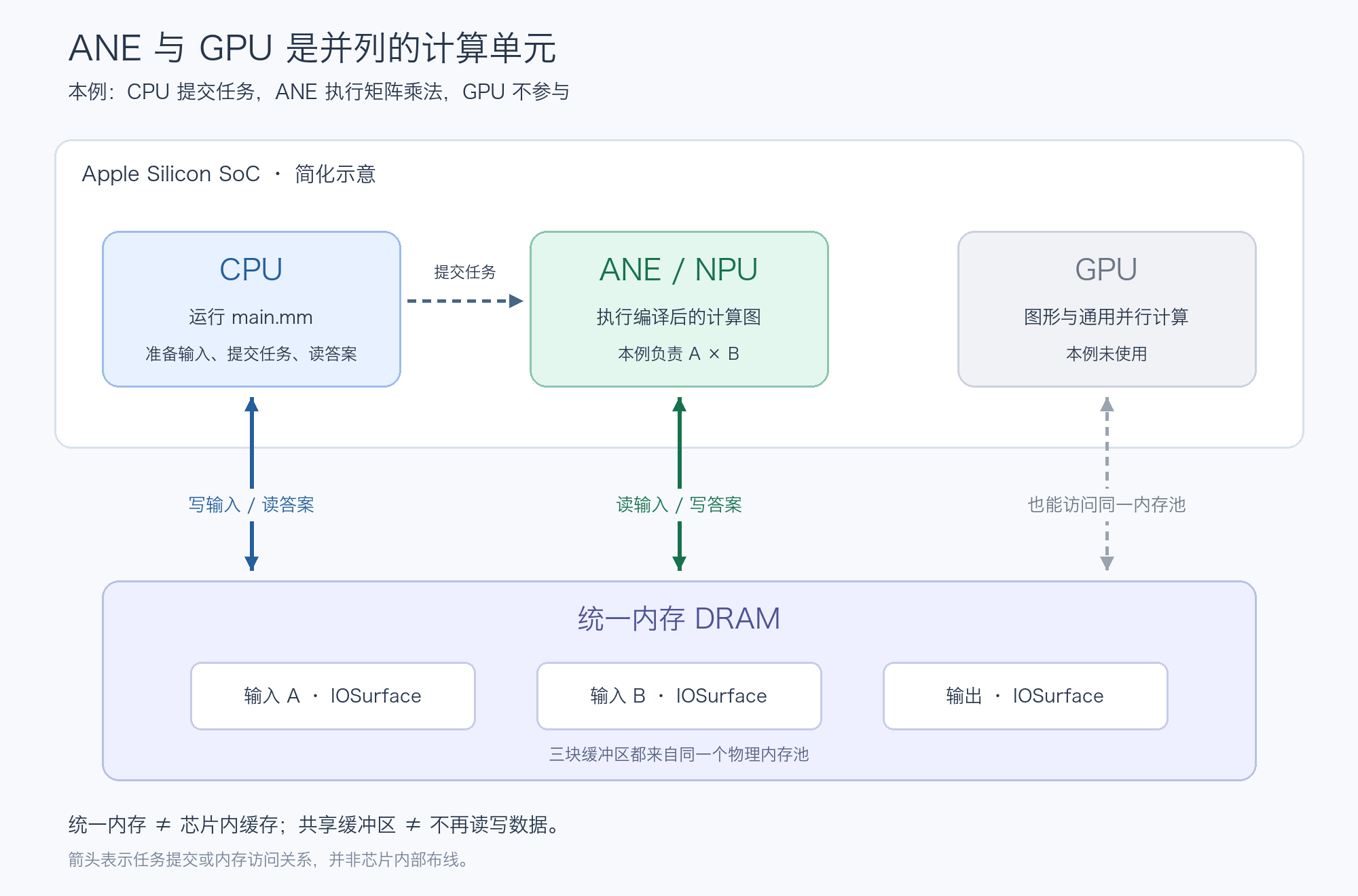CPU、ANE、GPU 与统一内存：本例 CPU 提交任务，ANE 读写 IOSurface，GPU 未使用